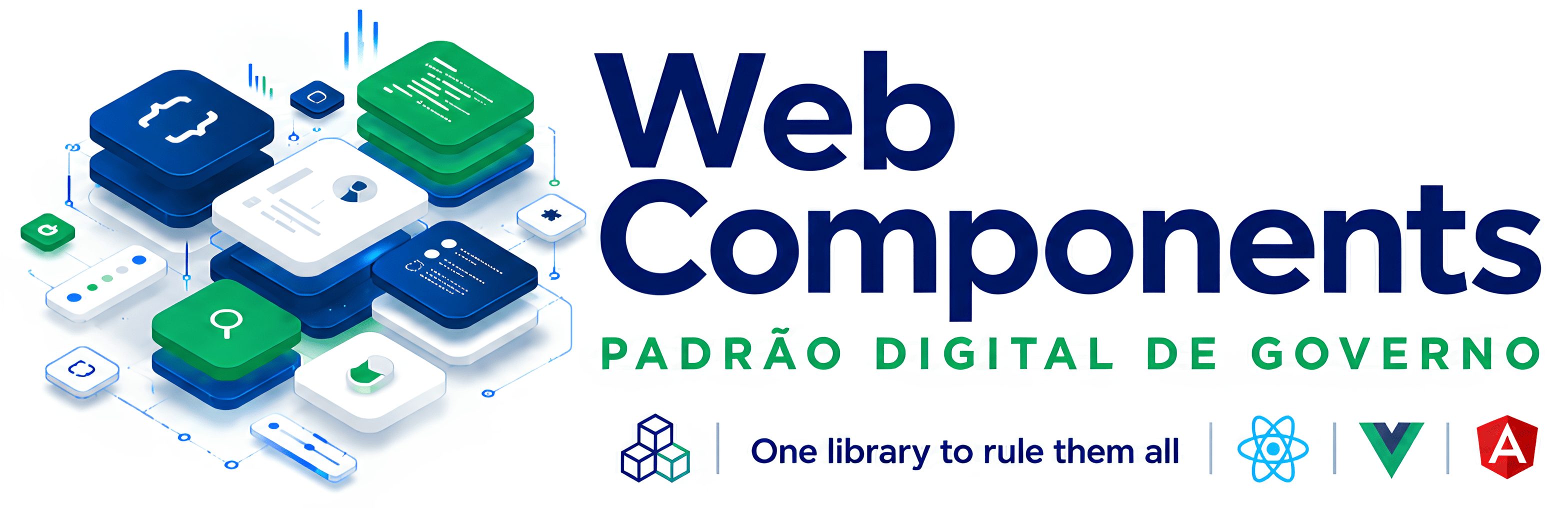 Ilustração representativa da biblioteca de Web Components do GovBR-DS, contendo elementos visuais flutuantes de interface de usuário.
